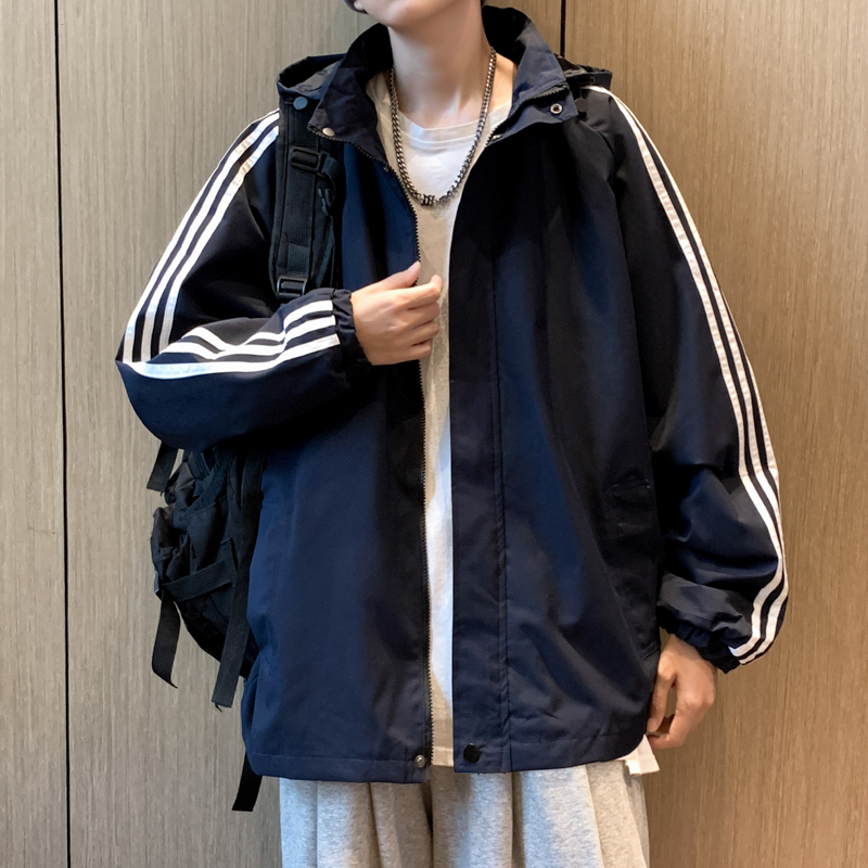 户外条纹连帽冲锋衣外套