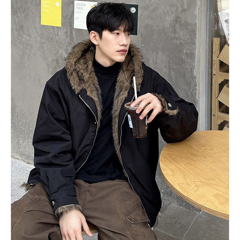 cleanfit军绿色座山雕连帽毛绒棉衣男装冬季加厚短款棉袄子高级感