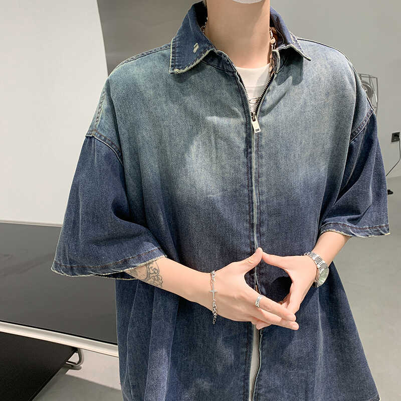 美式复古做旧渐变牛仔短袖衬衫男女夏季嘻哈拉链宽松洗水衬衣外穿