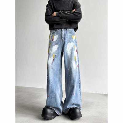 小众设计感个性涂鸦牛仔长裤男女宽松直筒中腰阔腿微喇拖地老爹裤