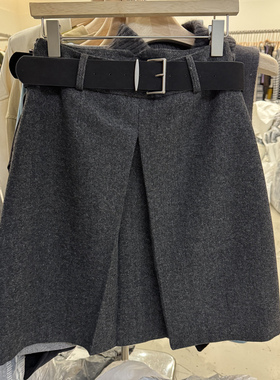 in11韩系设计感毛呢半身裙女2025秋冬高腰显瘦腰带A字裙女微开叉