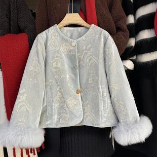 88-1299新中式国风重工丝绒刺绣羽绒服 2024冬季白鸭绒狐狸毛上衣