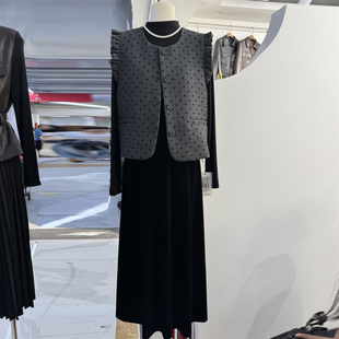 系带套装 丝绒连衣裙两件套女2025秋新款 气质波点小香风马甲 时尚