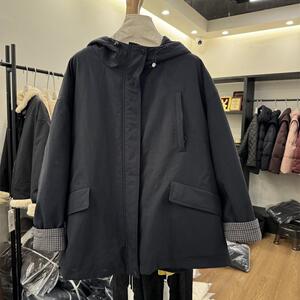 冲锋衣羽绒服女连帽设计感时尚2024冬款加厚工装洋气百搭翻袖格子
