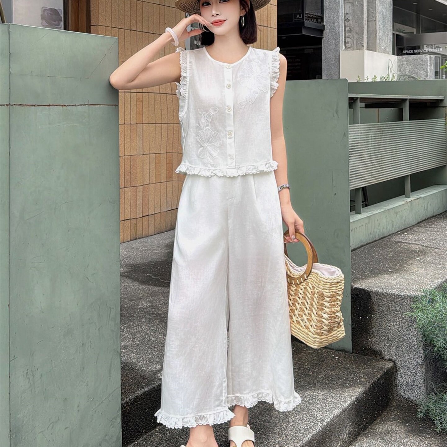 TSPL老钱风亚麻荷叶边两件套女2026夏季新款阔腿裤时尚套装潮6802