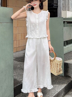 TSPL老钱风亚麻荷叶边两件套女2026夏季新款阔腿裤时尚套装潮6802