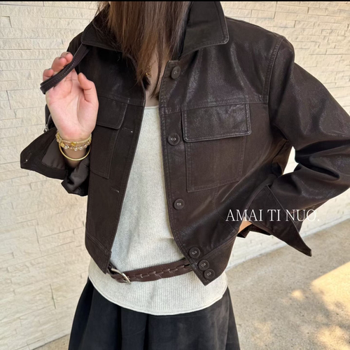 韩系简约翻领皮衣外套女短款宽松显瘦咖啡色夹克2026秋简约 78903