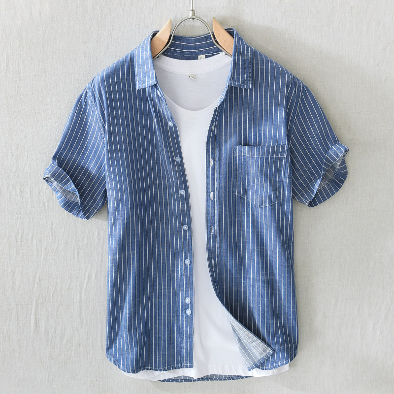 夏季男士短袖条纹纯棉衬衫翻领开衫宽松工装衬衣青年休闲寸衫上衣,男装,衬衫,淘宝优惠券,粉丝福利购,淘宝优惠卷