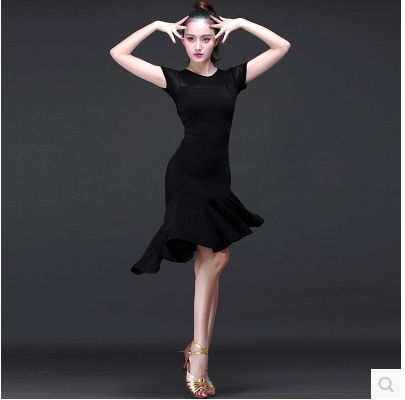 新款拉丁服装女成人新款练功服 2017夏季短袖表演舞蹈连衣裙短裙