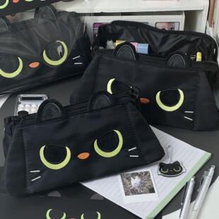 ins黑色猫咪笔袋毛绒大容量多功能初中学生文具收纳盒男女高颜值