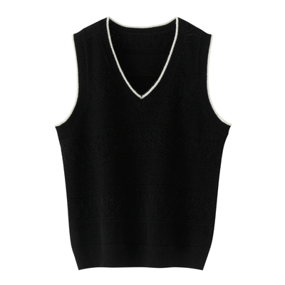 时尚百搭黑色镂空拼色边V领羊绒马甲女款修身显瘦无袖针织背心