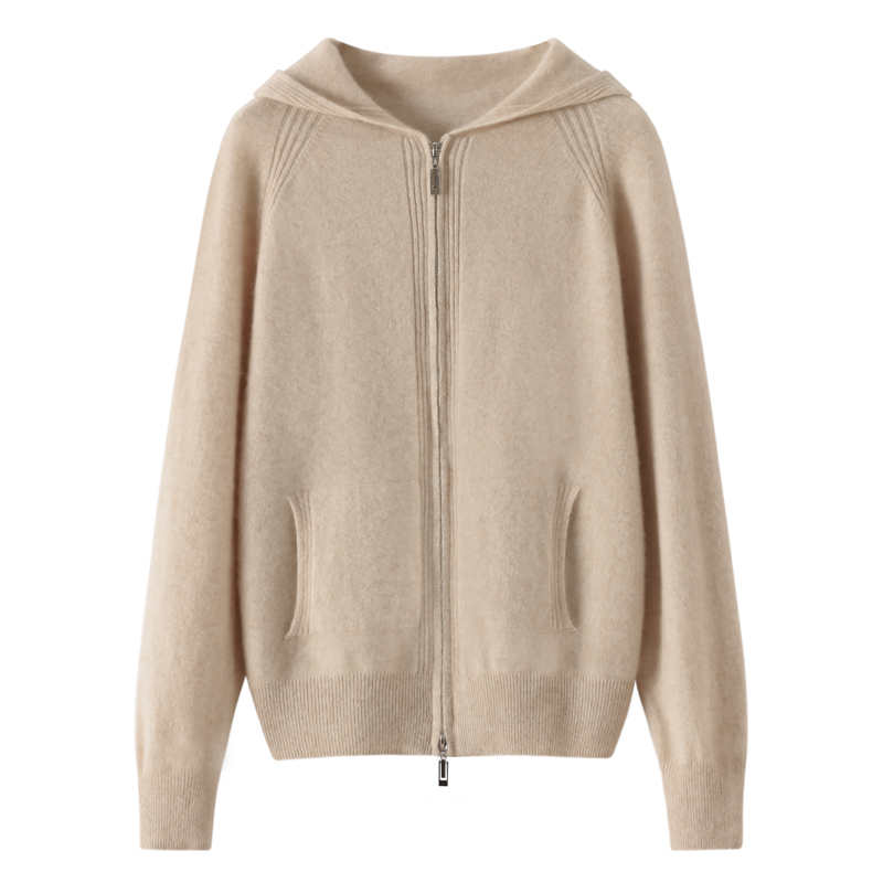 2025春秋新款一线成衣羊绒衫女100纯山羊绒连帽针织开衫保暖外套