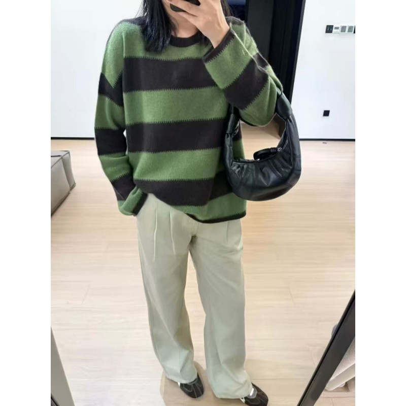 2025年秋季圆领绿棕条纹时尚百搭通勤休闲