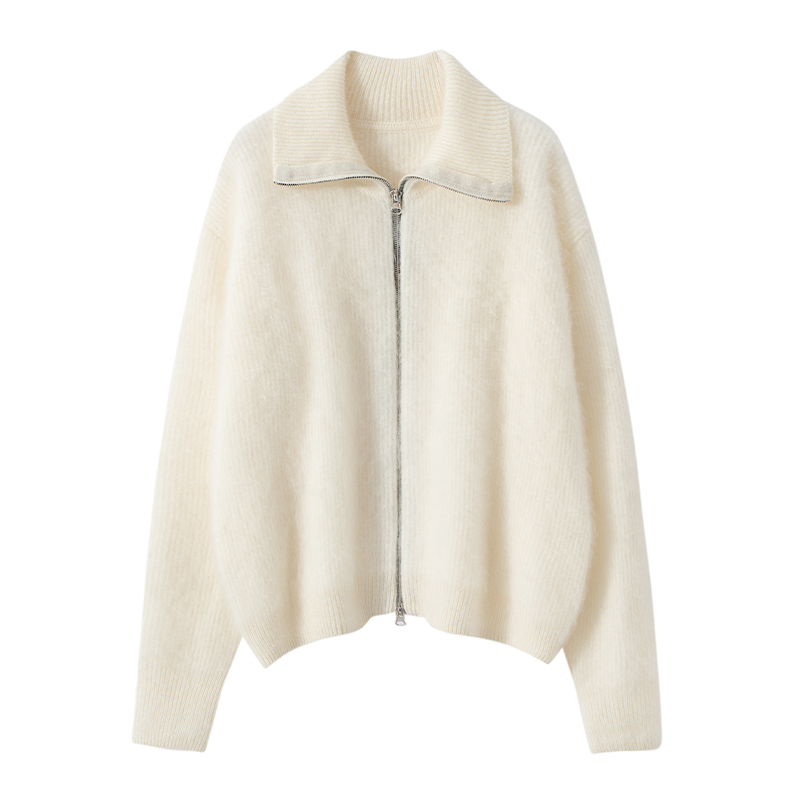 2025春秋新款羊绒衫女100纯山羊绒纯色宽松上衣翻领拉绒针织开衫