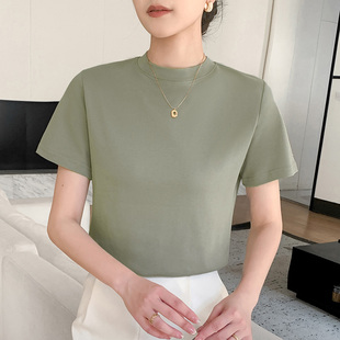 上衣 新疆长绒棉半高领短袖 立领t恤女新款 夏季 纯色百搭气质打底衫