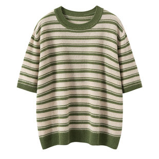 2025秋冬新款女羊绒衫100纯羊绒短袖宽松针织衫条纹羊绒套头短袖