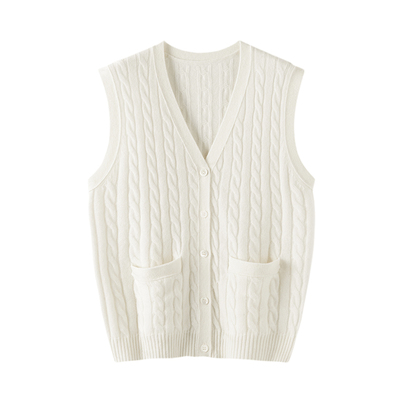 100纯山羊绒开衫马甲背心女秋冬宽松V领麻花外搭叠穿针织毛衣背心