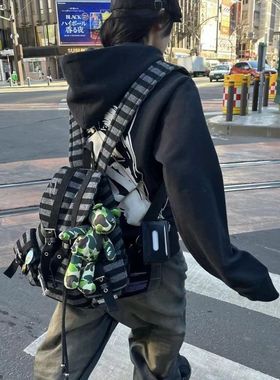 newjeans同款韩国双肩包小众设计拼色条纹机能羊毛双肩书包休闲包