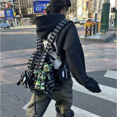 newjeans同款韩国双肩包小众设计拼色条纹机能羊毛双肩书包休闲包