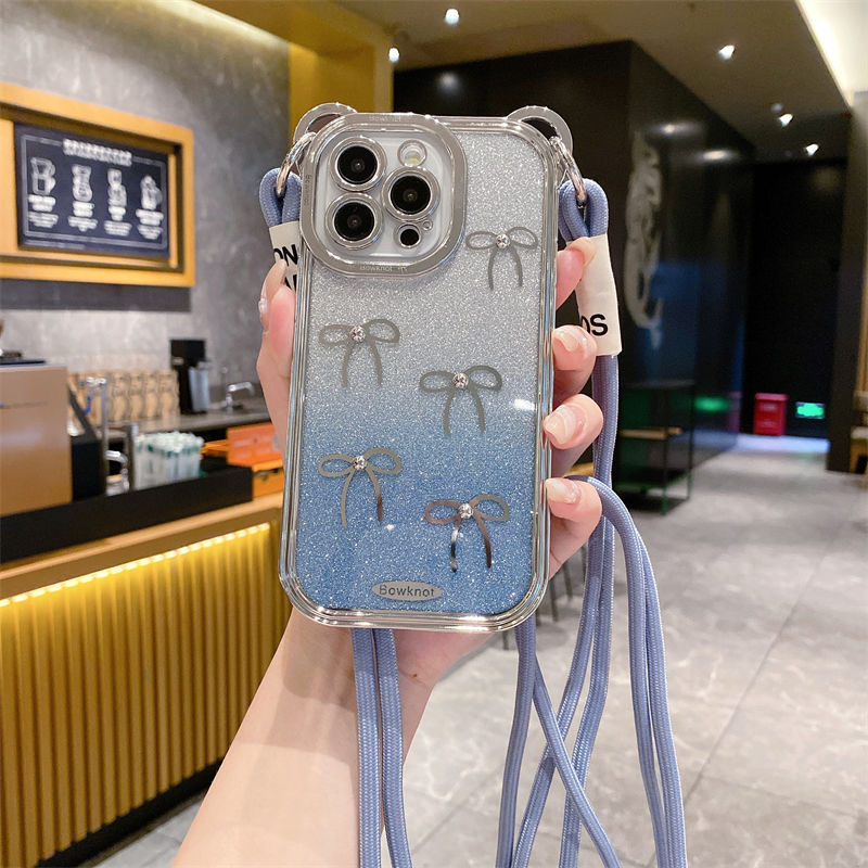 新款立体珍珠蝴蝶结苹果pro手机壳iPhoneProMax斜跨挂绳14pro