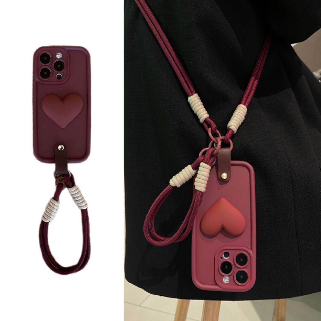 简约酒红色大爱心苹果16手机壳腕带iPhonepromax斜跨14/13/12女