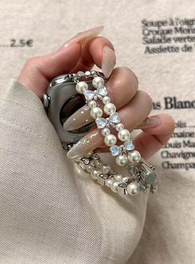 适用珍珠拼蓝色蝴蝶结表带华为fit4表链女fit3串珠watch Fit2腕带