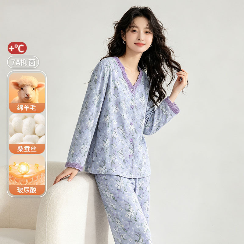 蚕丝羊毛磨毛加厚冬季女睡衣套装