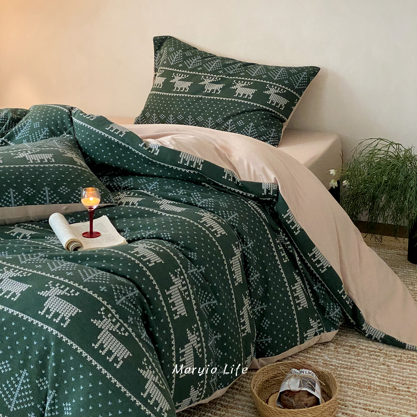 木悠圣诞款麋鹿提花加厚全棉针织棉四件套纯棉新疆天竺棉被套床单