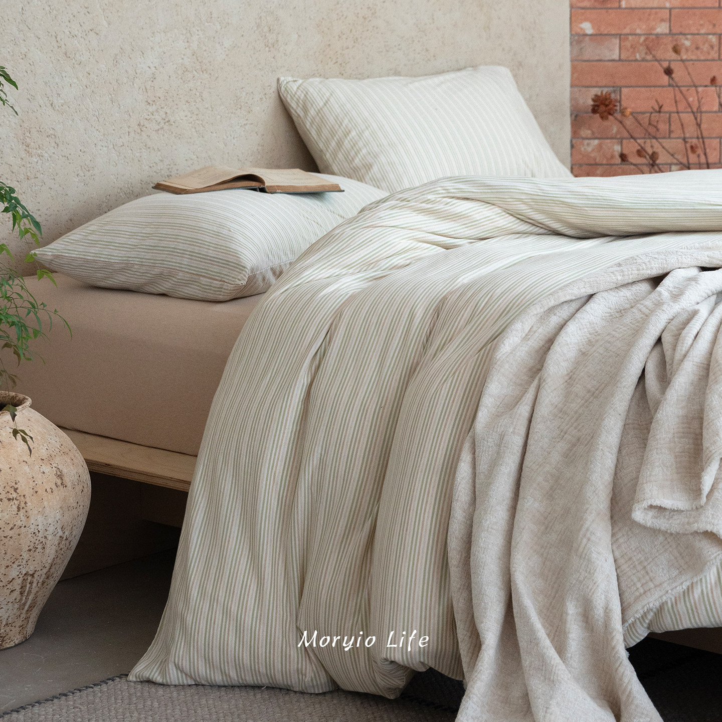 木悠简约细条纹原色彩棉超柔针织棉四件套全棉天竺棉被套床单床笠