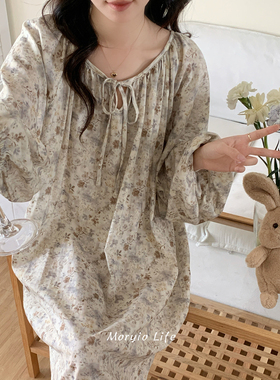 木悠慵懒风温柔小碎花纯棉双层纱长袖睡裙全棉透气甜美少女家居服