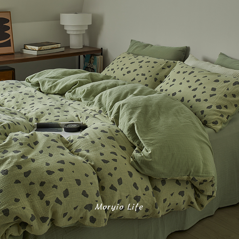木悠绿色小清新超柔软裸睡色织提花双层纱四件套全棉纯棉床单被套