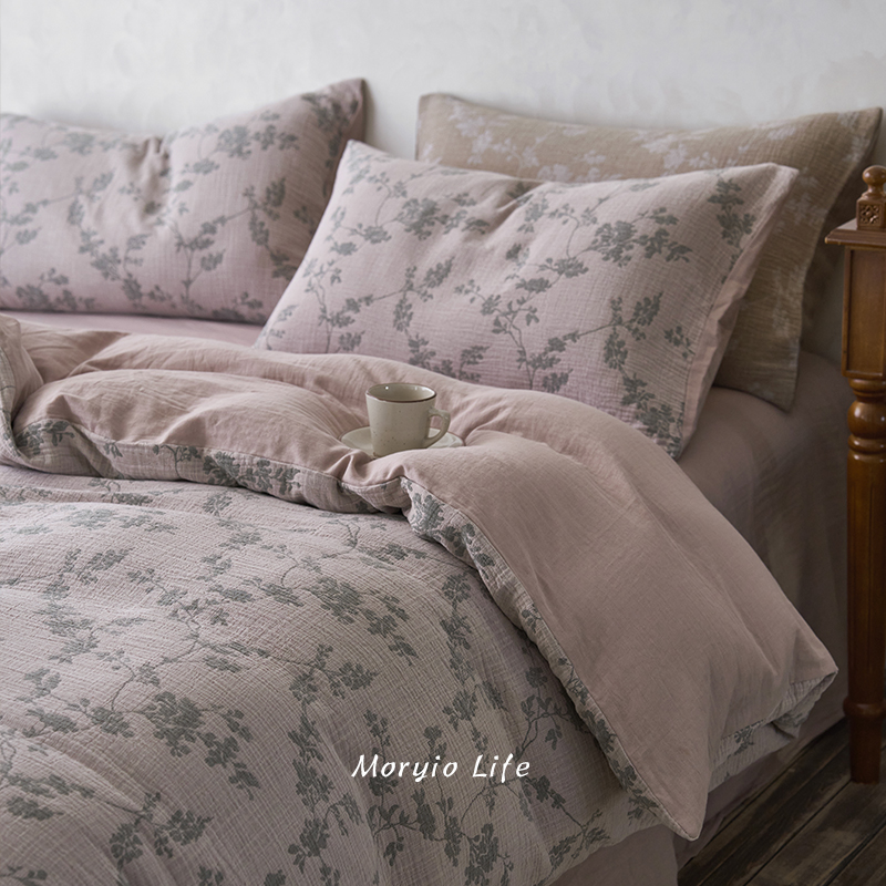 木悠中古风高级感提花全棉双层纱四件套纯棉超柔软裸睡被套床单