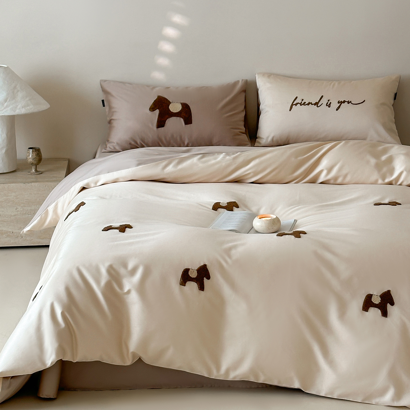 木悠可爱卡通小木马毛巾绣100s贡缎长绒棉全棉四件套纯棉被套床单