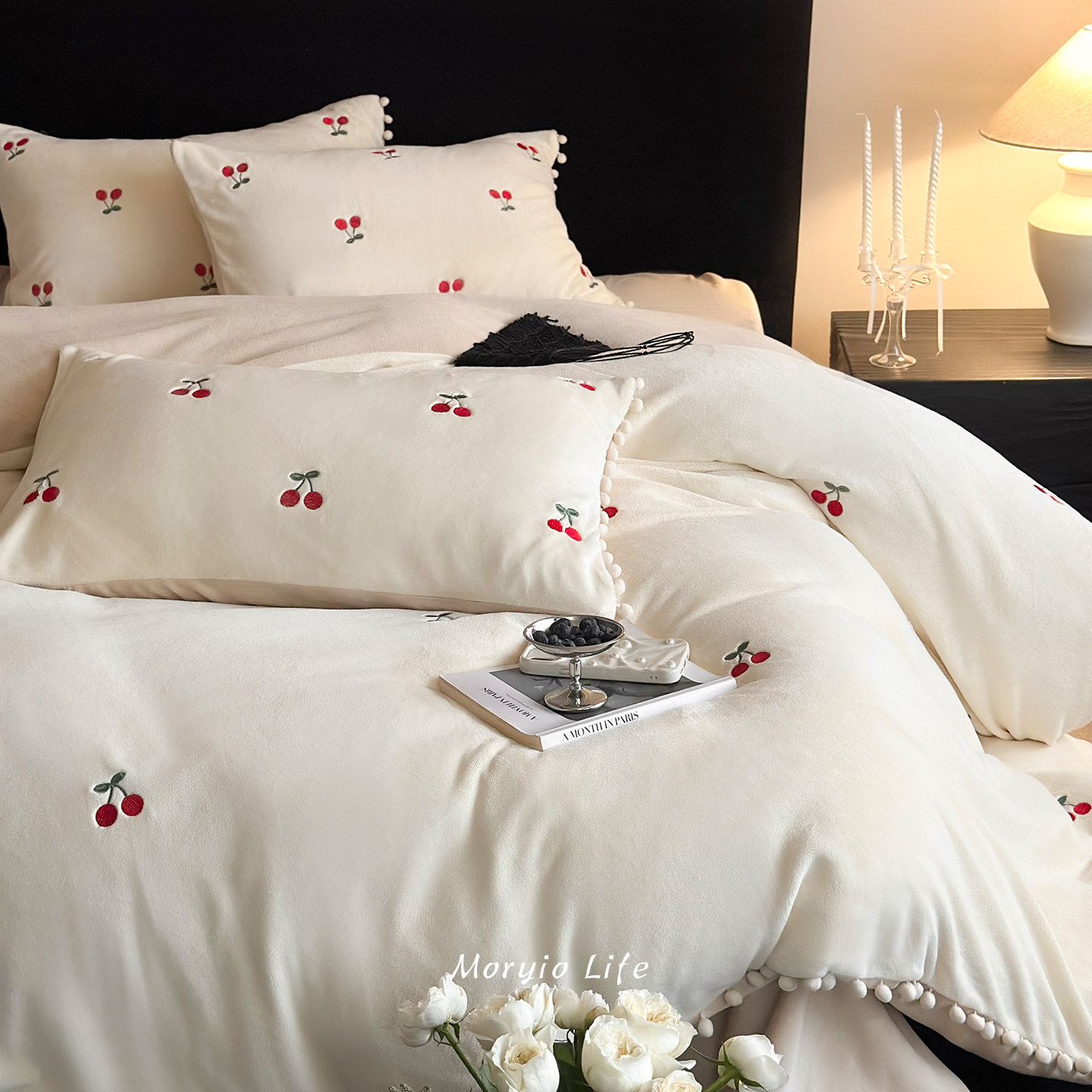 木悠ins小清新樱桃刺绣加厚牛奶绒四件套秋冬保暖珊瑚绒被套床单