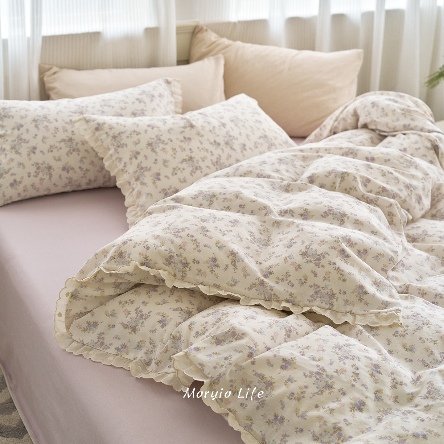 木悠ins少女心小碎花全棉双层纱四件套纯棉超柔裸睡花边被套床单,床上用品,床品套件/四件套/多件套,淘宝优惠券,粉丝福利购,淘宝优惠卷