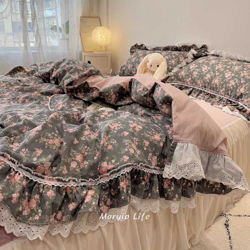 木悠2026新款韩版公主风花边全棉床上四件套纯棉碎花被套床单床裙