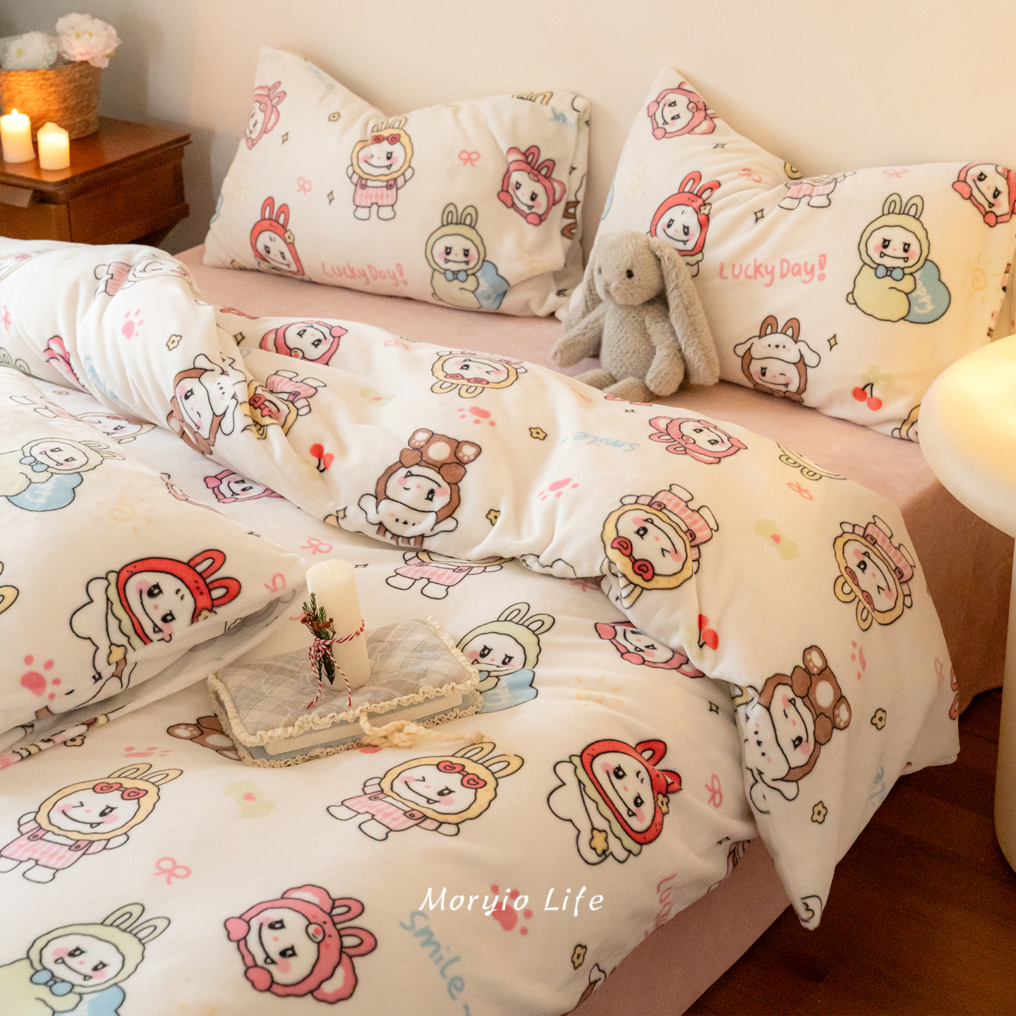 木悠ins可爱卡通秋冬保暖牛奶绒四件套珊瑚绒加厚被套床单三件套