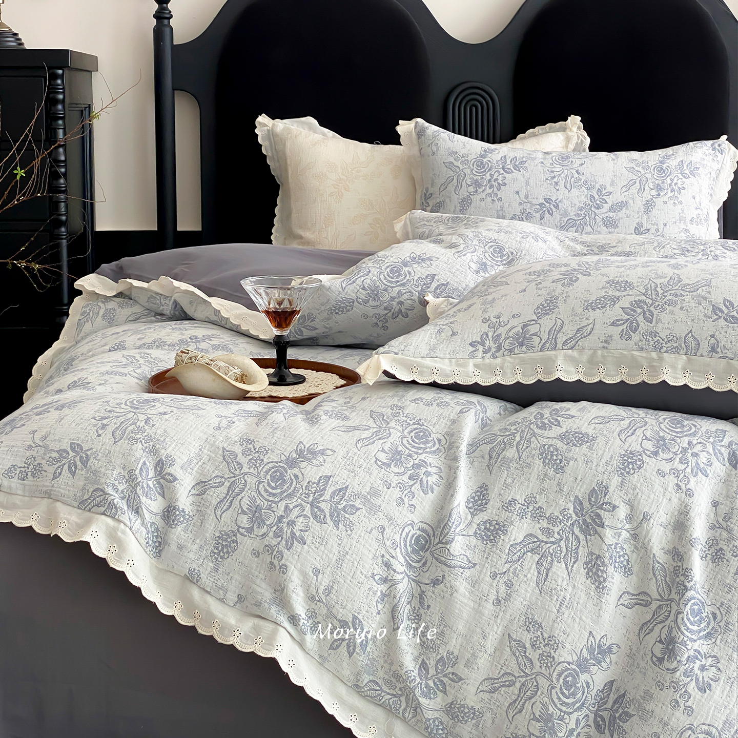 木悠法式镂空花边全棉双层纱四件套复古提花被套床单床笠床上用品