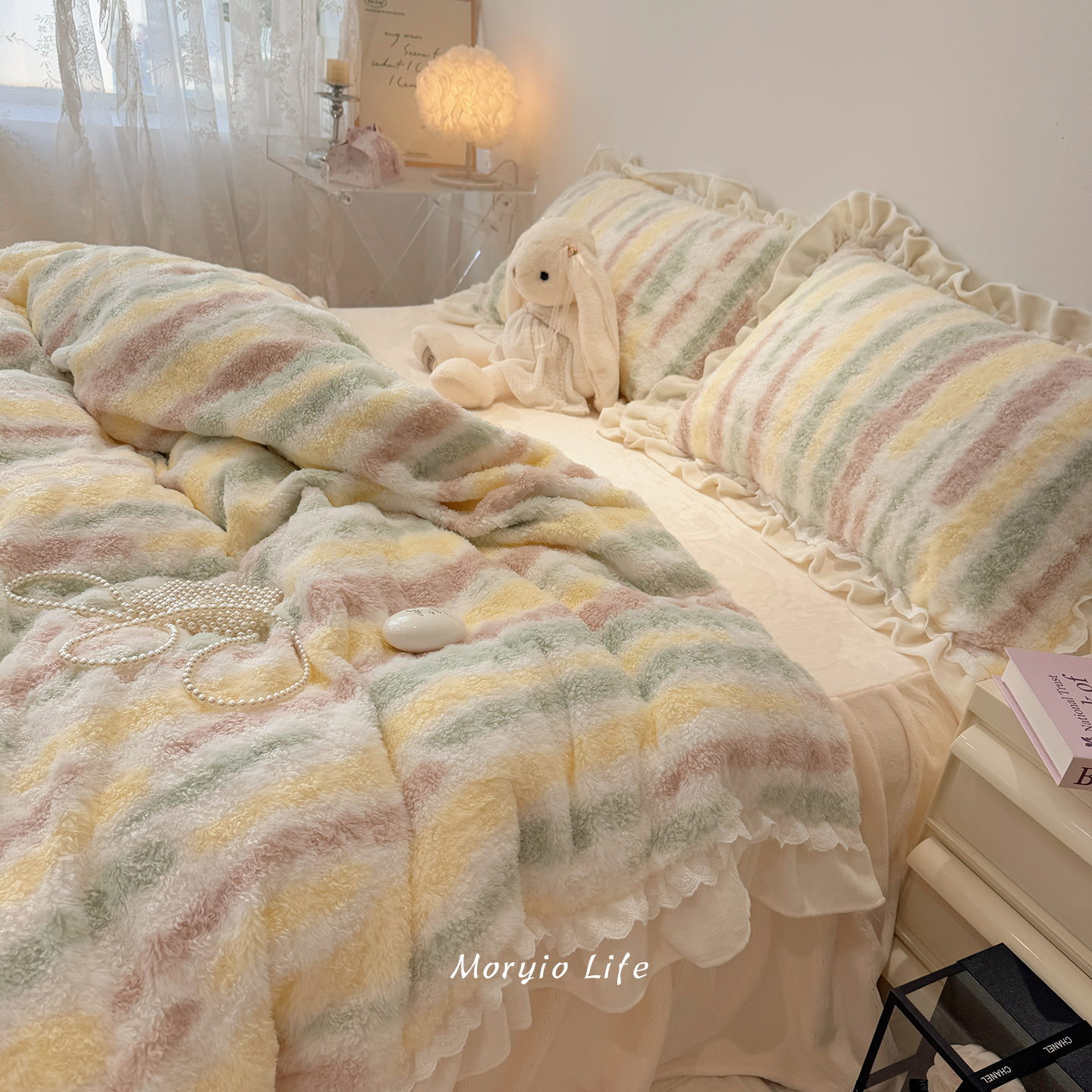 木悠韩式少女心条纹兔毛泰迪绒四件套冬季保暖珊瑚绒被套床单床裙