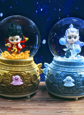 哪吒敖丙水晶球音乐盒发光飘雪八音盒儿童男生生日礼物动漫摆件