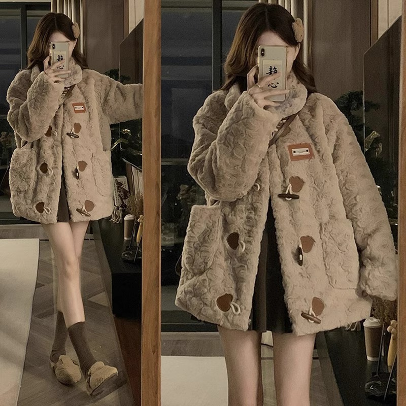 加绒加厚牛角扣毛绒仿羊羔毛外套女冬季保暖皮草美拉德穿搭上衣冬