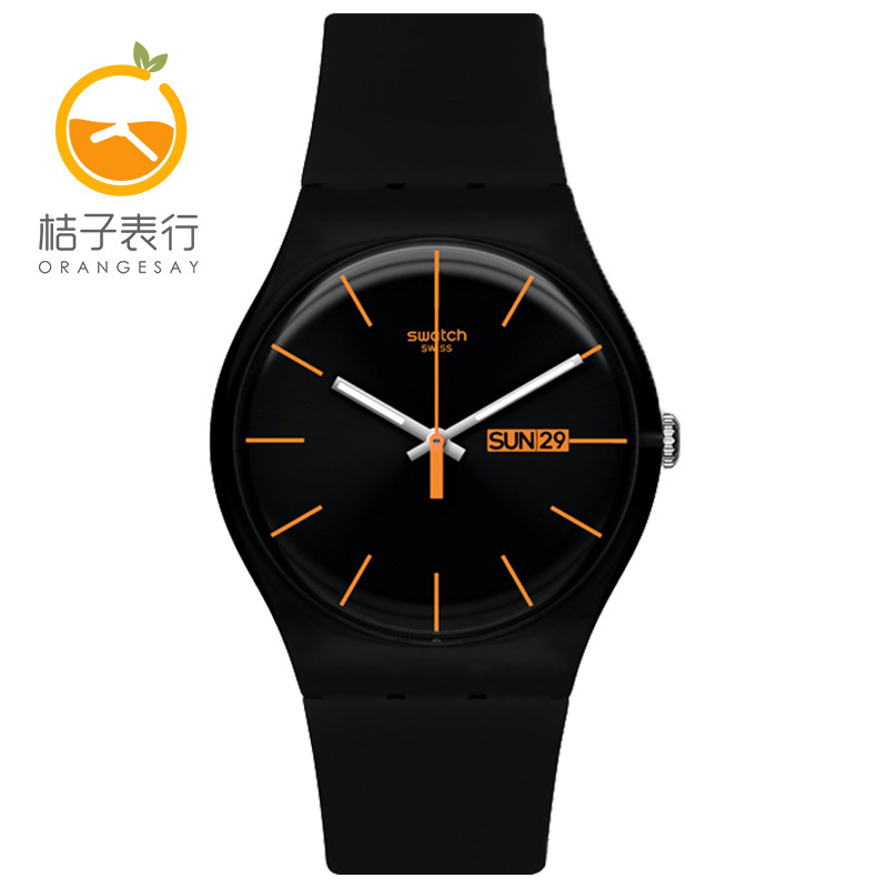 Swatch斯沃琪 炫彩休閑石英情侶純色腕表男女手表 至黑色SUOB704
