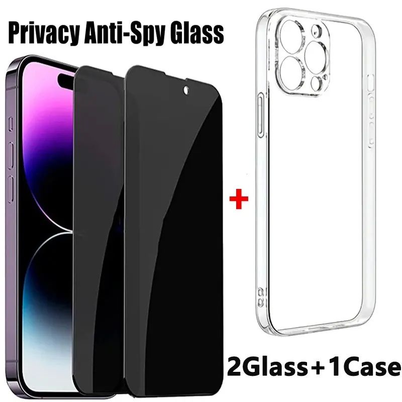 2PCS Anti-Spy Tempered Glass+1PC Phone Case Set Meal For iPh
