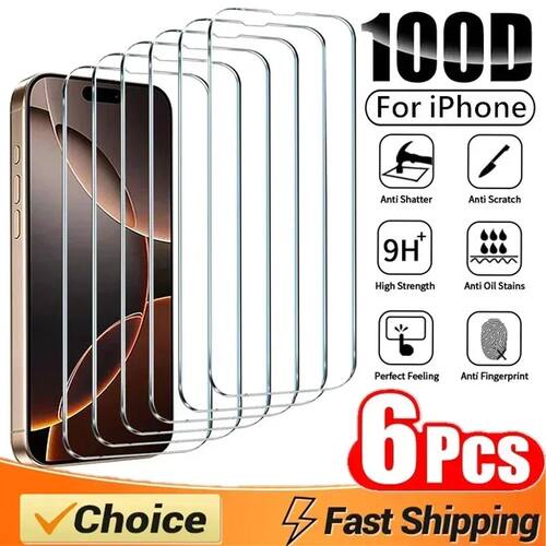 6Pcs 100D Tempered Glass For iPhone 13 14 11 12 15 16 Pro Ma