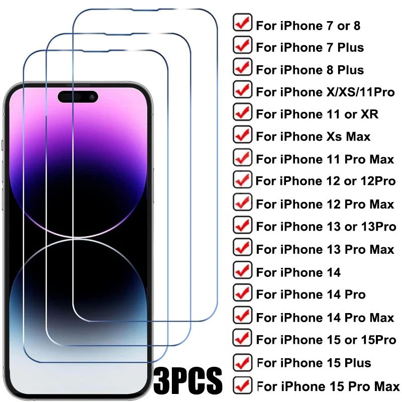 3PCS Tempered Glass For iPhone 15 14 13 12 11 Pro Max 7 8 Pl