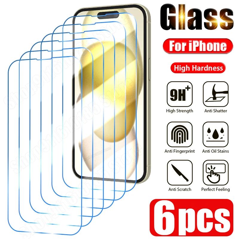 6PCS Tempered Glass for iPhone 16 15 14 13 12 11 Pro Max Min