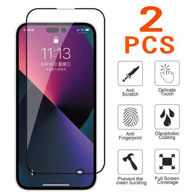 2PCS Full Tempered Glass for iPhone 11 13 14 15 12 Pro Max M