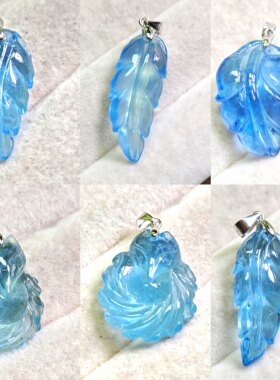 天然冰种海蓝宝雕刻吊坠 S925银扣叶子/狐狸款水晶锁骨链项坠159