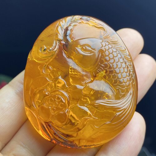 保真天然缅甸琥珀金珀蜜蜡雕刻 莲年有余吊坠项链 重23克纯天然