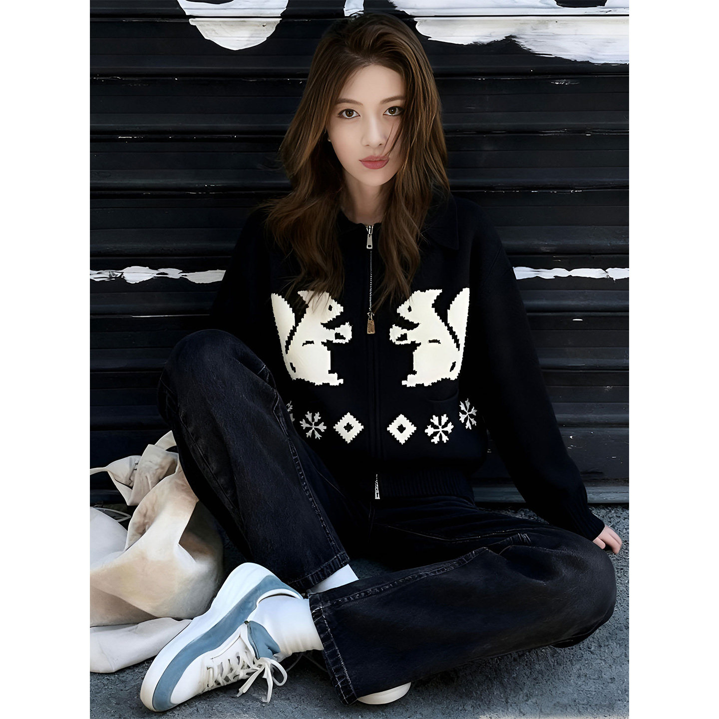 ROUMIKL美式复古慵懒卡通风松鼠针织开衫套装女秋冬季宽松休闲时